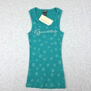 Guess Logo‎ Tank Top Women's Size P/S Turquoise With Stars Print Cotton